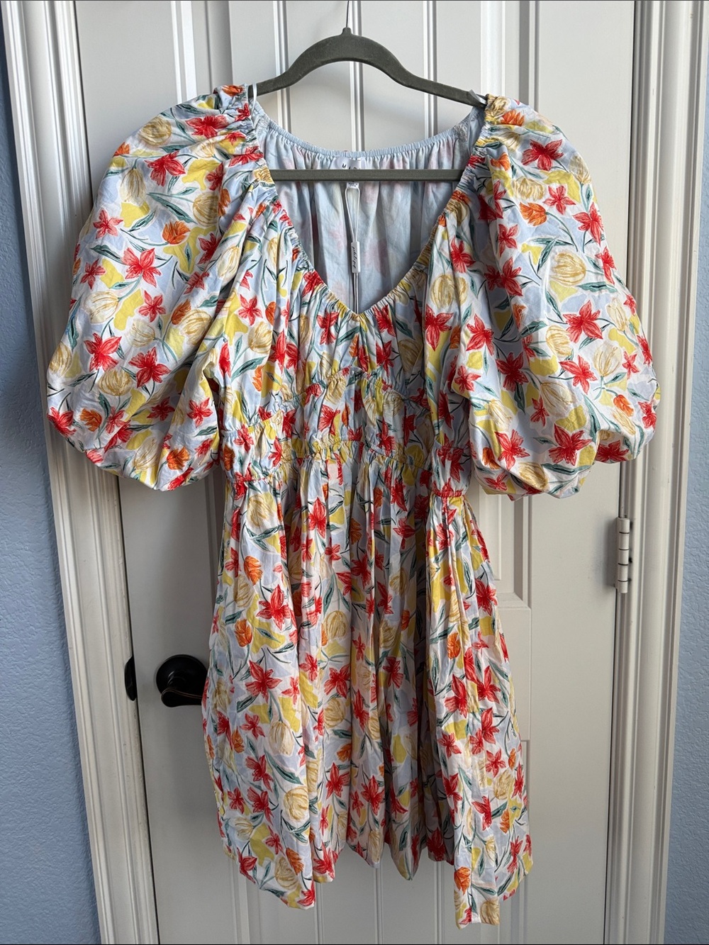 Puff-Sleeve Floral Tunic Dress in Light Blue with Red & Yellow Flowers